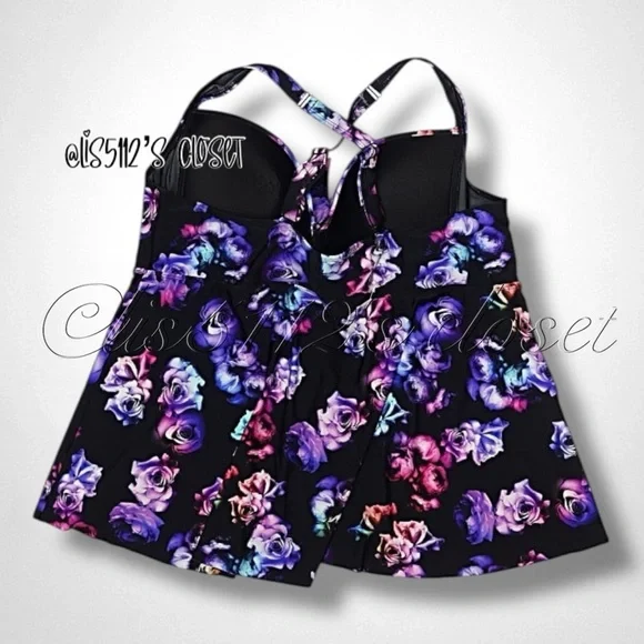 Torrid Midnight Roses Wireless Babydoll Tankini Top & Black Bottoms Swim SET 3X